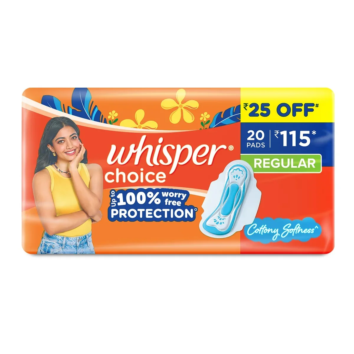 Whisper Choice Sanitary Regular Pads For Women, Regular, Pack of 20