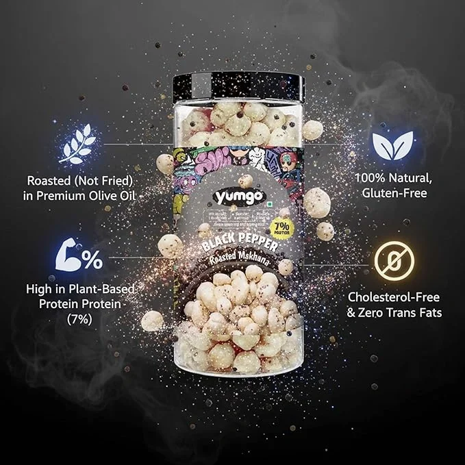 Yumgo Black Pepper Roasted Makhana, Crunchy Foxnuts, Lotus Seeds, 80gm image 5