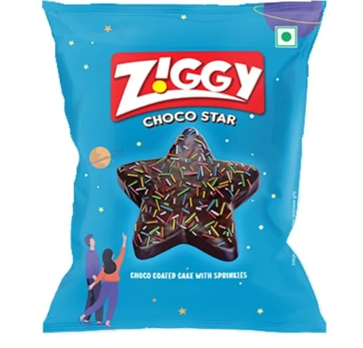 Ziggy Choco Star Cake, 53 gm. Choco coated cake with sprinkles.